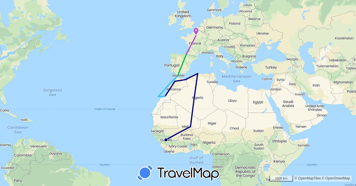 TravelMap itinerary: driving, bus, train, boat in Algeria, Spain, France, Guinea, Morocco, Mali (Africa, Europe)