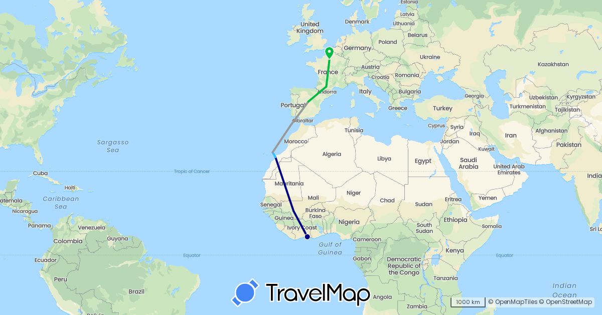 TravelMap itinerary: driving, bus, plane, boat in Côte d'Ivoire, Spain, France, Morocco, Mali (Africa, Europe)