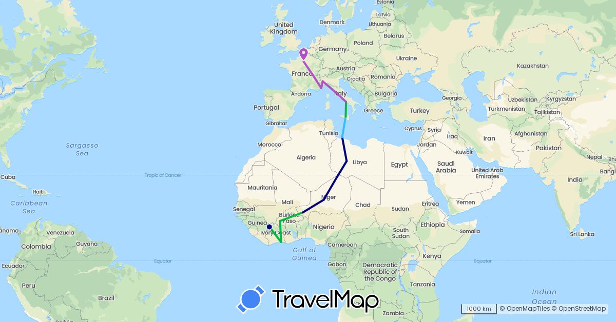 TravelMap itinerary: driving, bus, train, boat in Burkina Faso, Côte d'Ivoire, France, Italy, Libya, Niger (Africa, Europe)