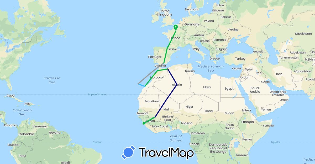 TravelMap itinerary: driving, bus, plane, hiking, boat in Algeria, Spain, France, Guinea, Morocco, Mali (Africa, Europe)