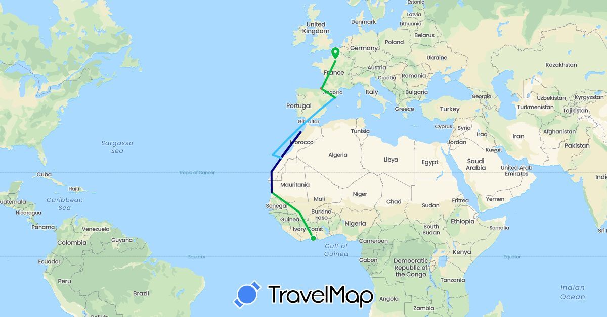 TravelMap itinerary: driving, bus, hiking, boat in Côte d'Ivoire, Spain, France, Morocco, Mali, Mauritania (Africa, Europe)