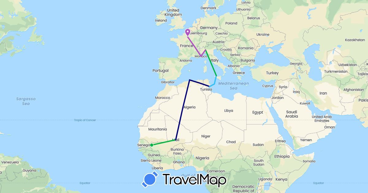 TravelMap itinerary: driving, bus, train, boat in Algeria, France, Italy, Monaco, Mali, Tunisia (Africa, Europe)