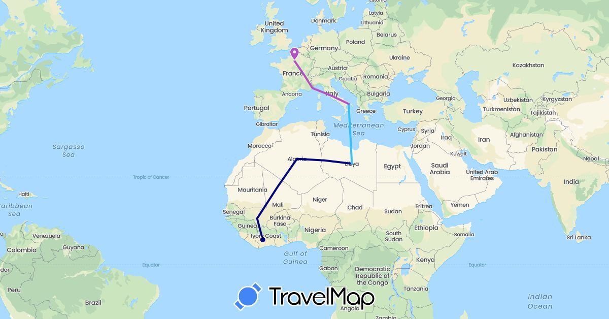 TravelMap itinerary: driving, train, boat in Côte d'Ivoire, Algeria, France, Italy, Libya, Mali (Africa, Europe)