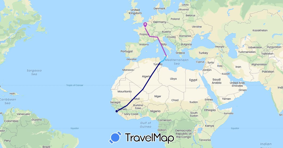 TravelMap itinerary: driving, train, boat in Algeria, France, Guinea, Italy, Mali, Tunisia (Africa, Europe)