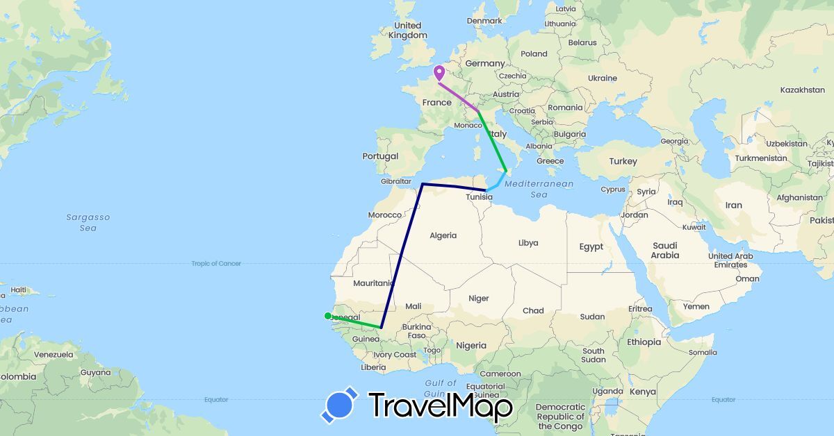 TravelMap itinerary: driving, bus, train, boat in Algeria, France, Italy, Mali, Senegal, Tunisia (Africa, Europe)