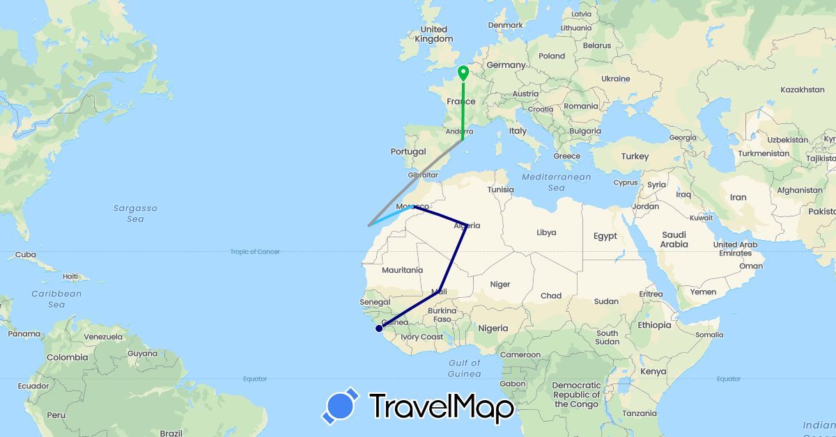 TravelMap itinerary: driving, bus, plane, boat in Algeria, Spain, France, Guinea, Morocco, Mali (Africa, Europe)