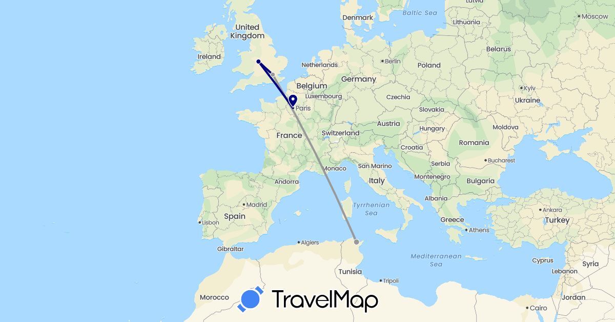 TravelMap itinerary: driving, plane in France, United Kingdom, Tunisia (Africa, Europe)
