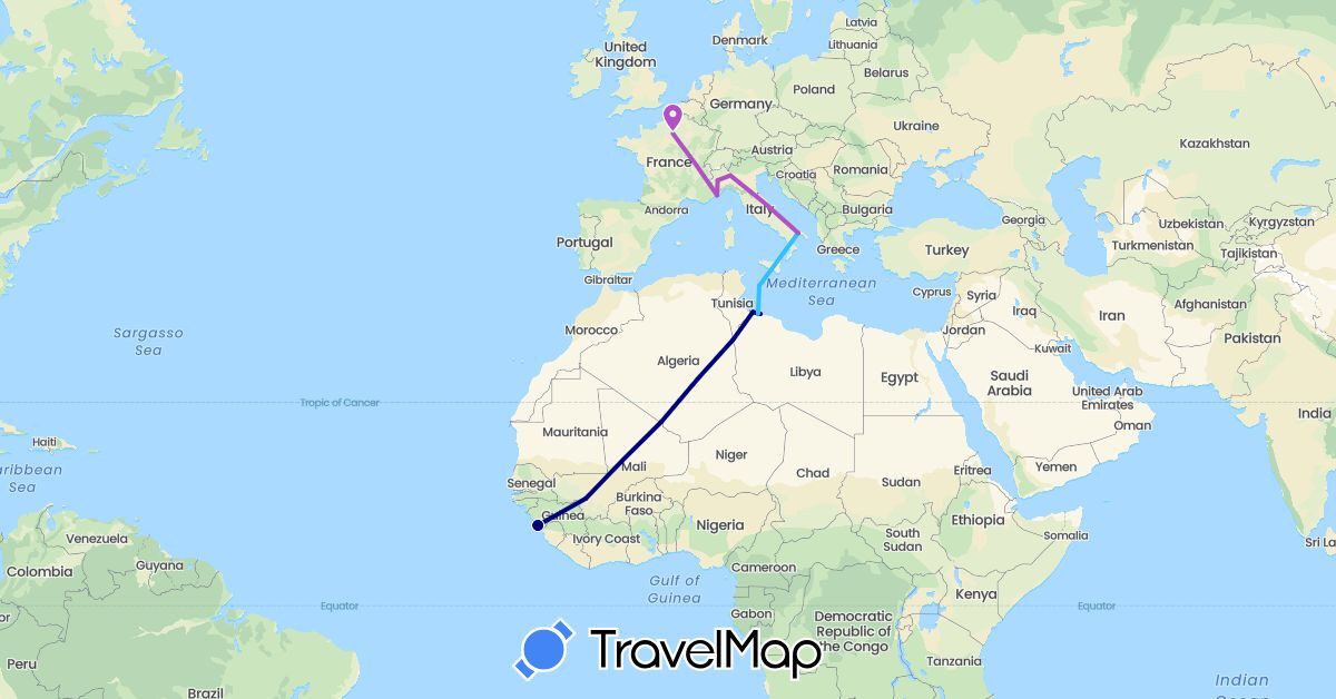 TravelMap itinerary: driving, train, boat in Algeria, France, Guinea, Italy, Libya, Mali (Africa, Europe)