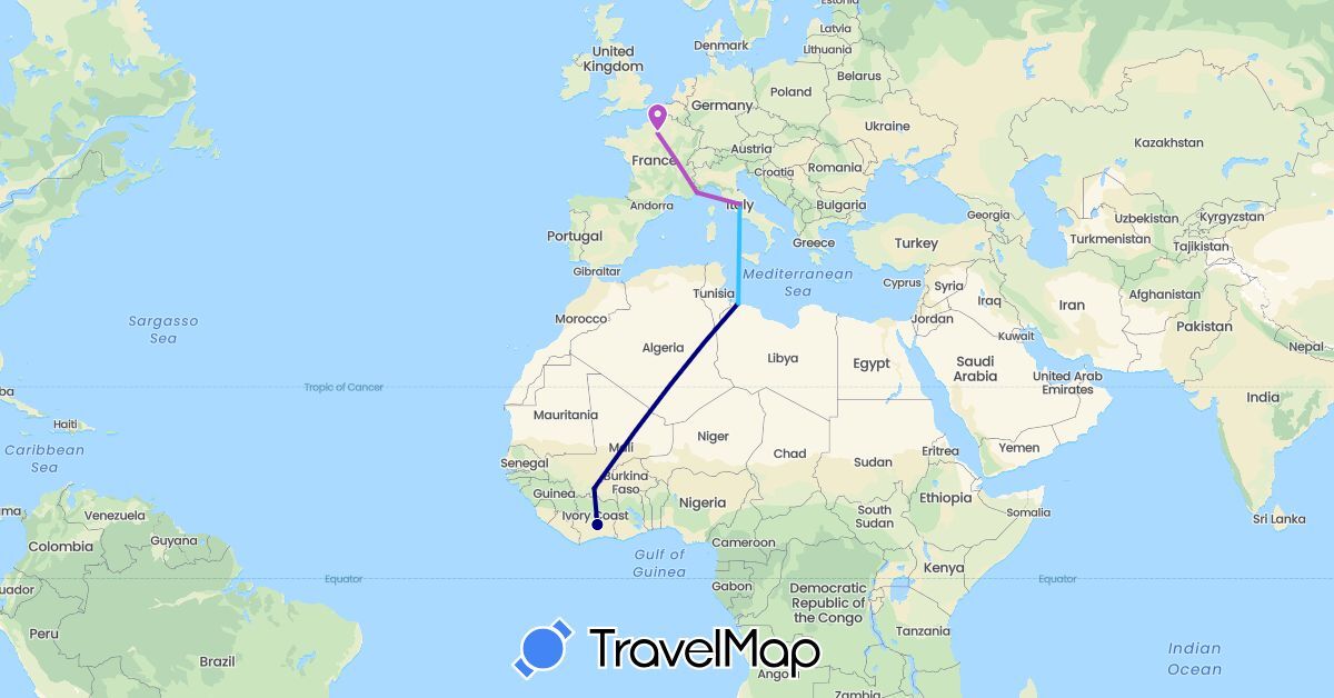 TravelMap itinerary: driving, train, boat in Côte d'Ivoire, France, Italy, Libya, Mali (Africa, Europe)
