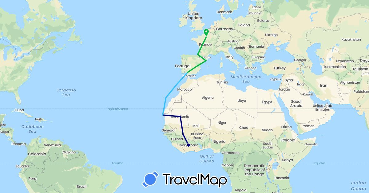 TravelMap itinerary: driving, bus, boat in Côte d'Ivoire, Spain, France, Mali, Mauritania (Africa, Europe)
