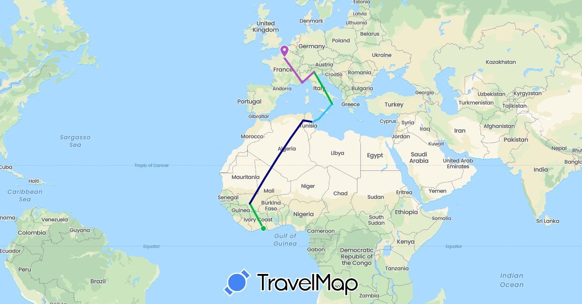 TravelMap itinerary: driving, bus, train, boat in Côte d'Ivoire, Algeria, France, Italy, Mali, Tunisia (Africa, Europe)