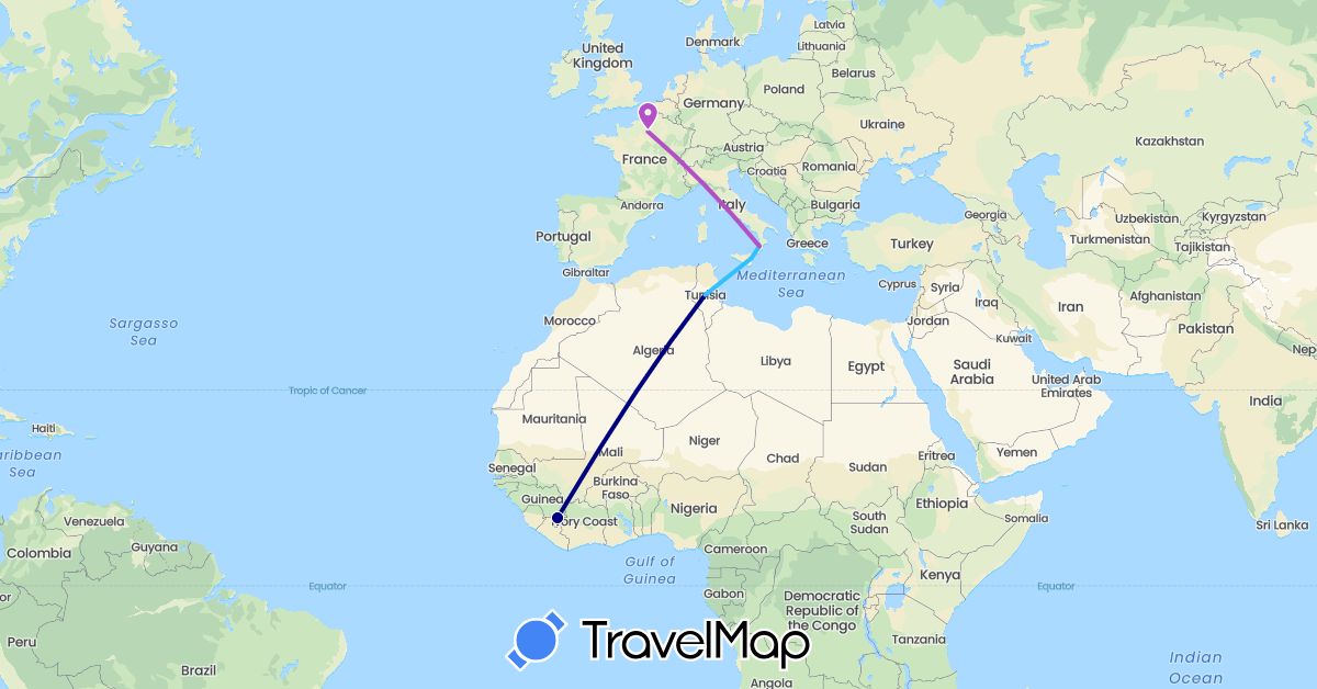 TravelMap itinerary: driving, train, boat in France, Guinea, Italy, Tunisia (Africa, Europe)