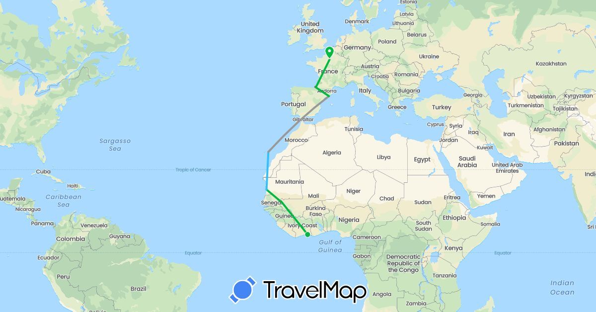 TravelMap itinerary: driving, bus, plane, hiking, boat in Côte d'Ivoire, Spain, France, Mali, Mauritania (Africa, Europe)
