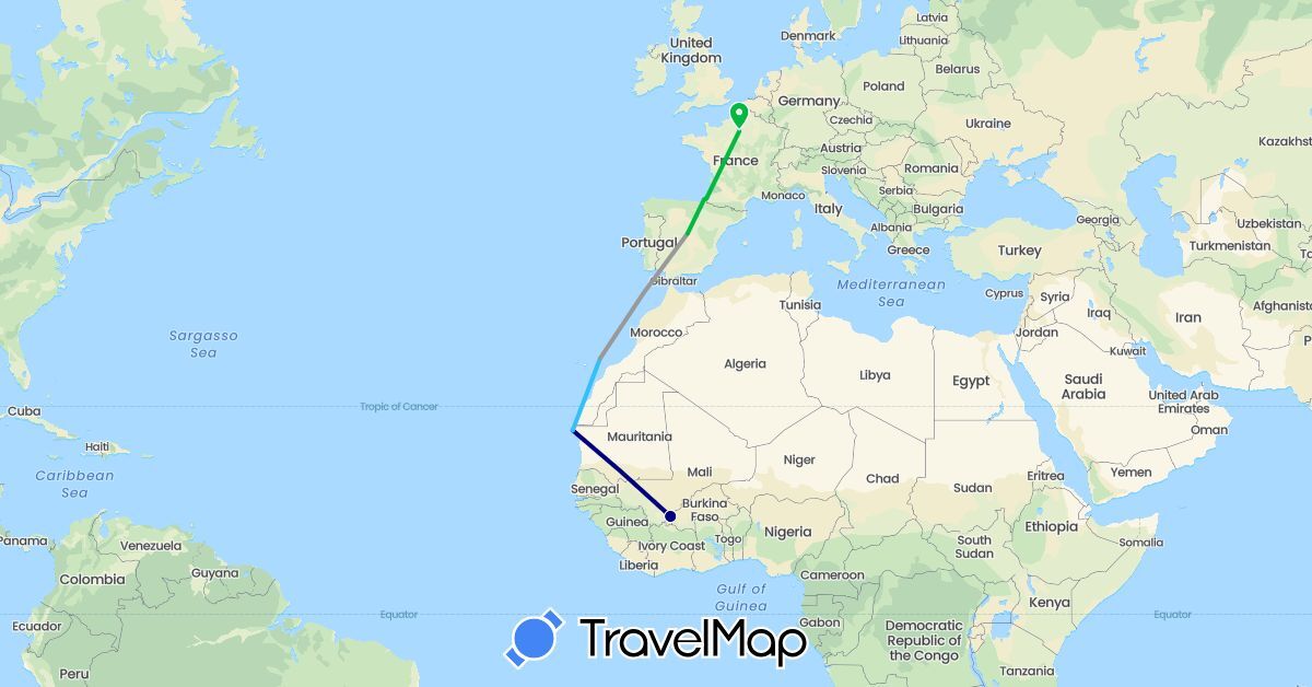TravelMap itinerary: driving, bus, plane, boat in Spain, France, Mali, Mauritania (Africa, Europe)