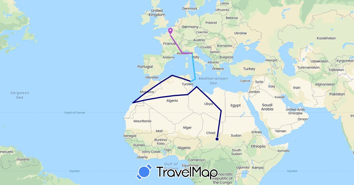 TravelMap itinerary: driving, train, boat in Algeria, France, Italy, Libya, Morocco, Chad, Tunisia (Africa, Europe)