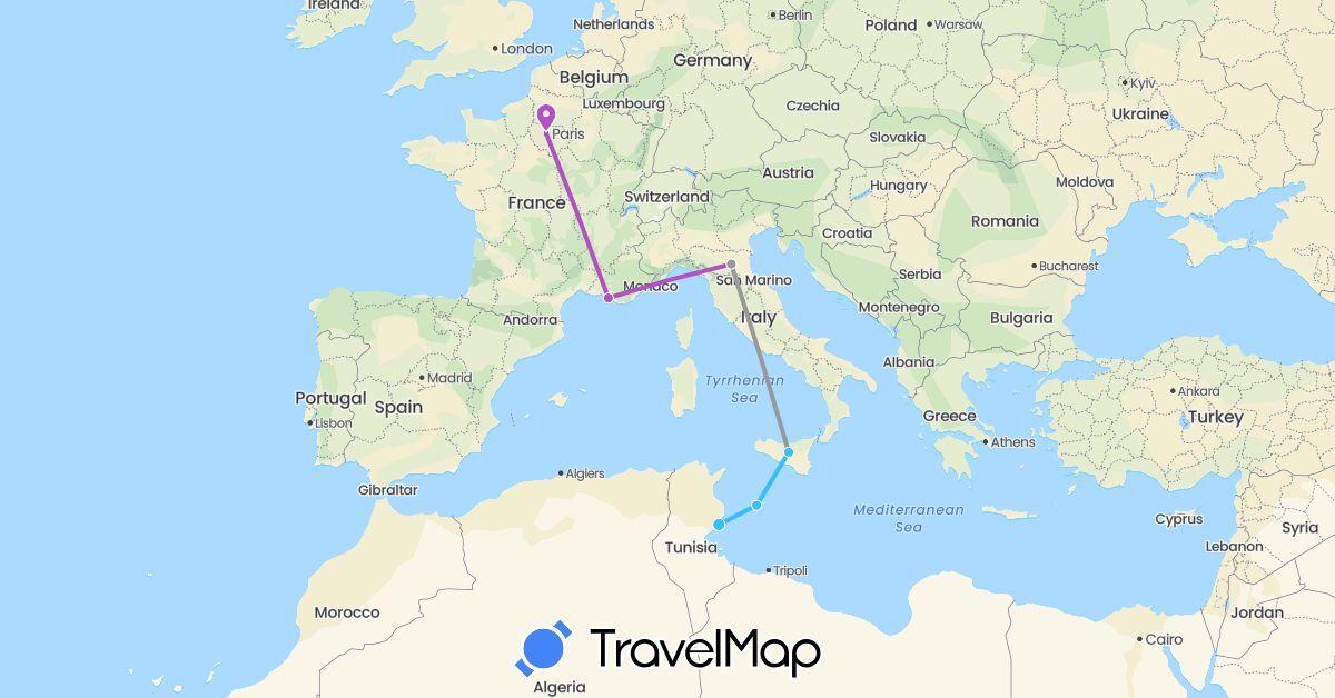 TravelMap itinerary: driving, plane, train, boat in France, Italy, Tunisia (Africa, Europe)