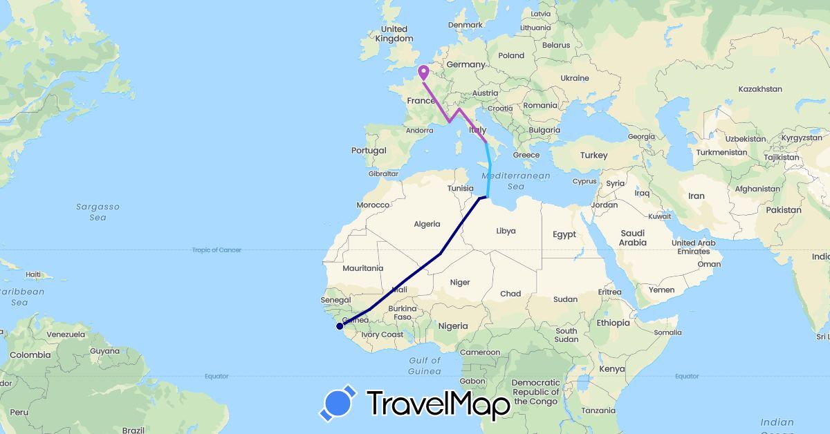TravelMap itinerary: driving, train, boat in Algeria, France, Guinea, Italy, Libya, Mali (Africa, Europe)