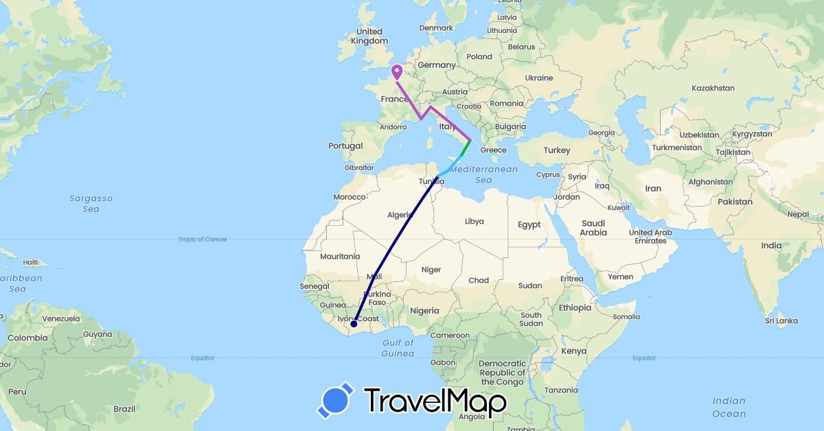TravelMap itinerary: driving, bus, train, boat in Côte d'Ivoire, France, Italy, Mali, Tunisia (Africa, Europe)