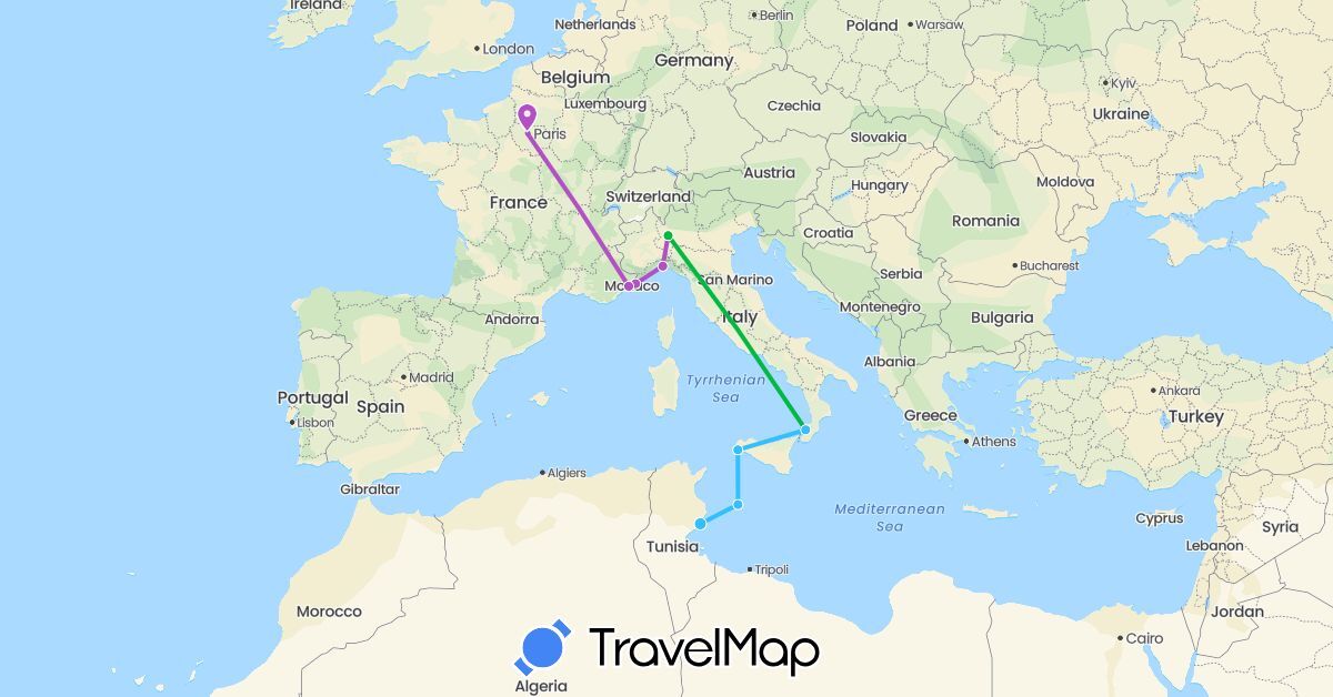 TravelMap itinerary: driving, bus, train, boat in France, Italy, Tunisia (Africa, Europe)