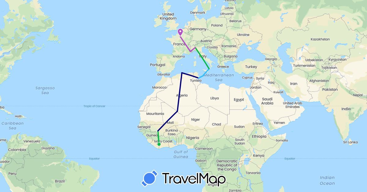 TravelMap itinerary: driving, bus, train, boat in Côte d'Ivoire, Algeria, France, Italy, Mali, Tunisia (Africa, Europe)
