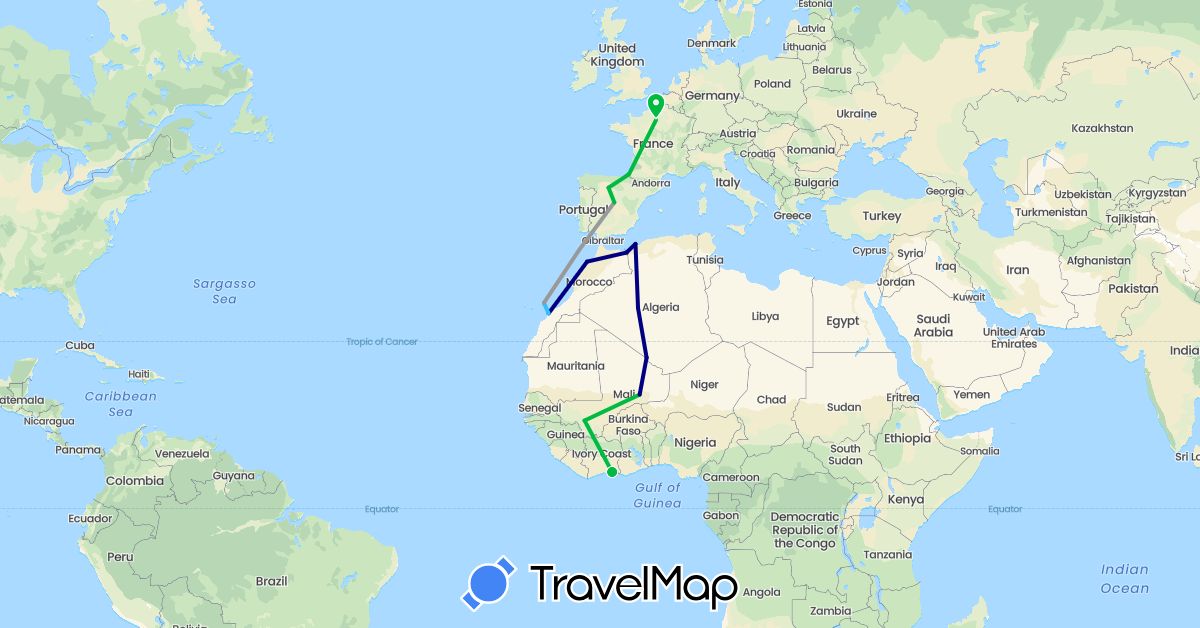 TravelMap itinerary: driving, bus, plane, boat in Côte d'Ivoire, Algeria, Spain, France, Morocco, Mali (Africa, Europe)