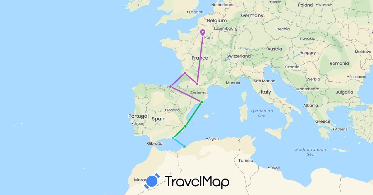 TravelMap itinerary: driving, bus, train, boat in Algeria, Spain, France (Africa, Europe)