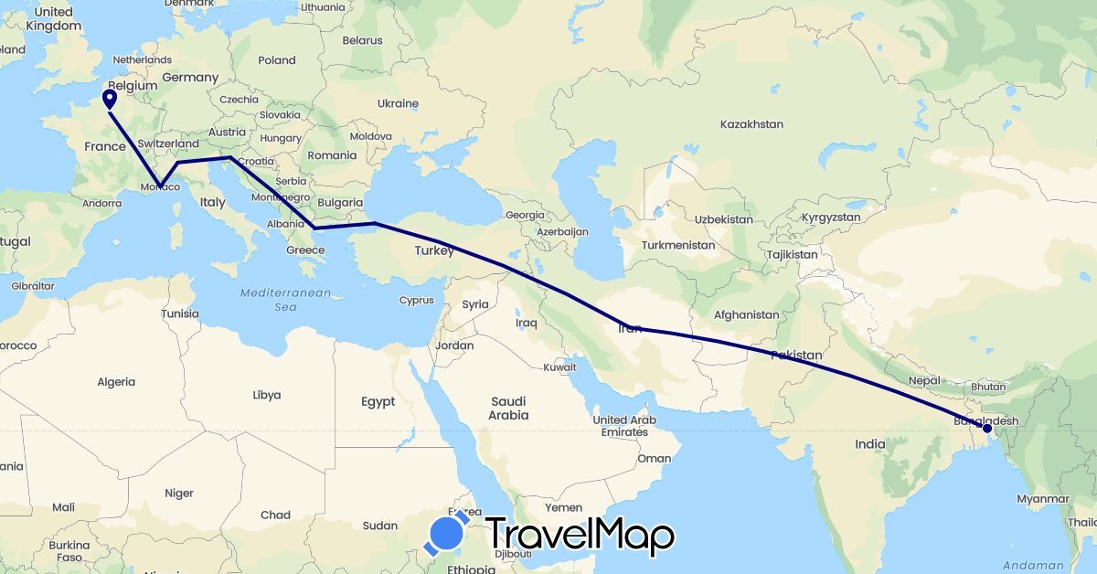 TravelMap itinerary: driving in Bangladesh, France, Greece, Iran, Italy, Monaco, Slovenia, Turkey (Asia, Europe)
