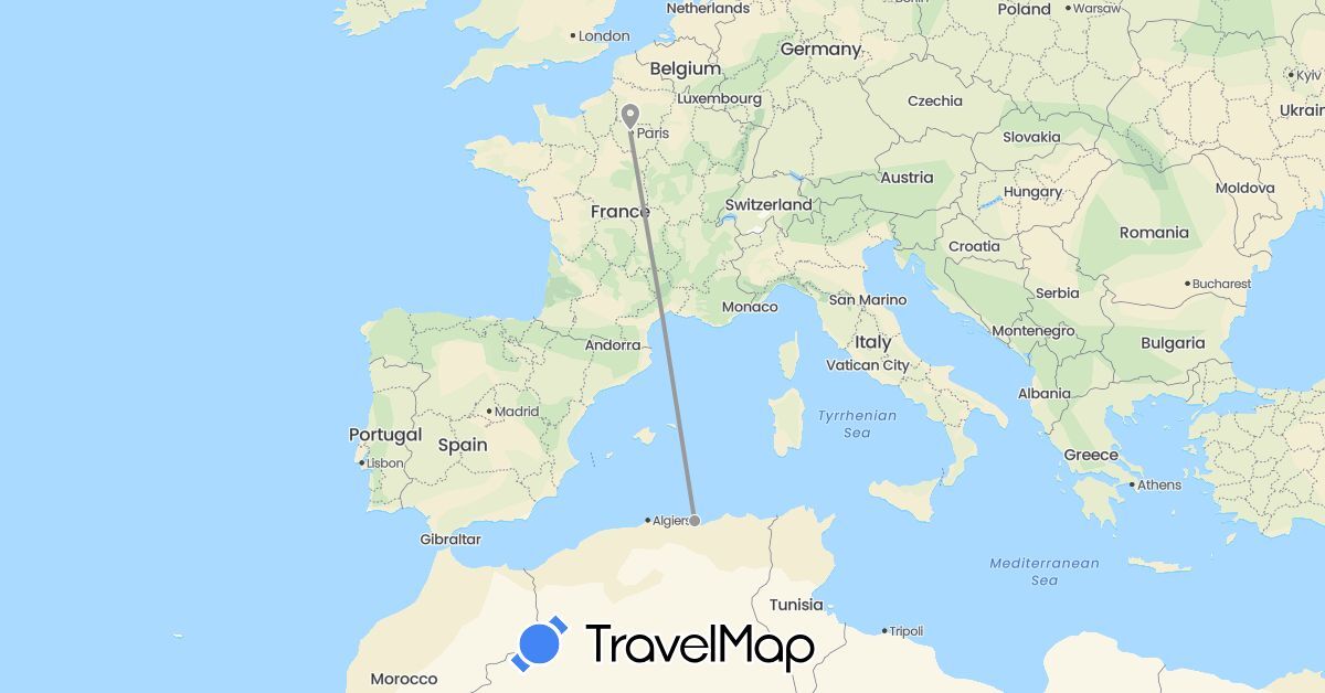 TravelMap itinerary: driving, plane in Algeria, France (Africa, Europe)