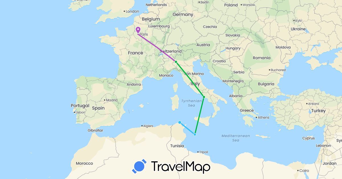 TravelMap itinerary: bus, train, boat in France, Italy, Tunisia (Africa, Europe)