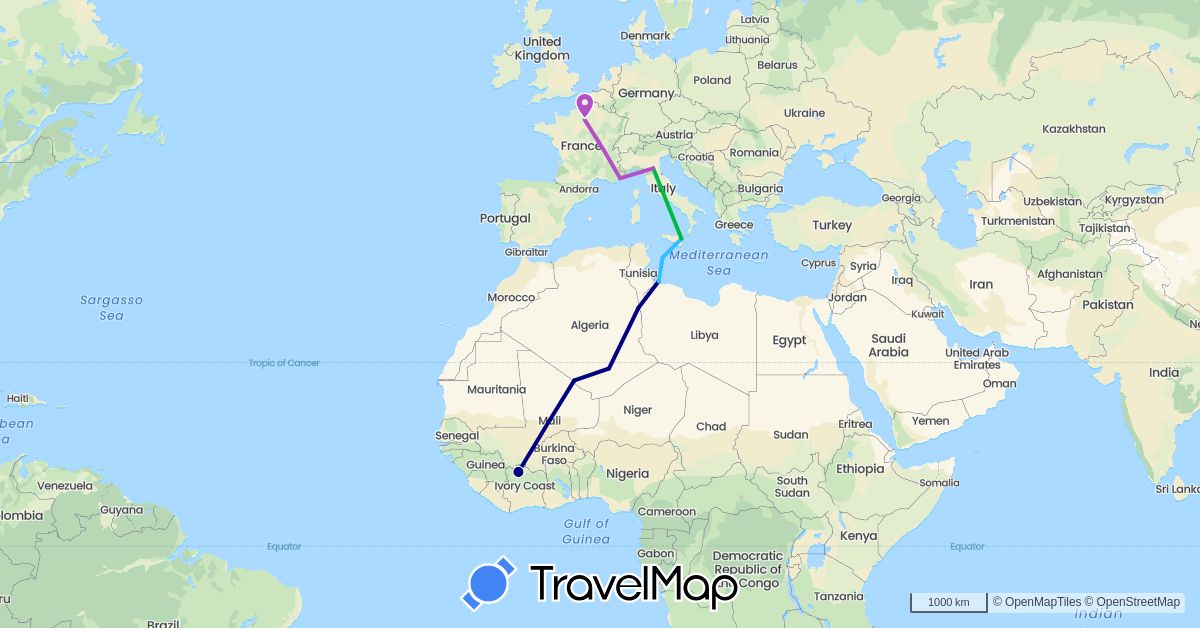 TravelMap itinerary: driving, bus, train, boat in Côte d'Ivoire, Algeria, France, Italy, Libya, Mali (Africa, Europe)