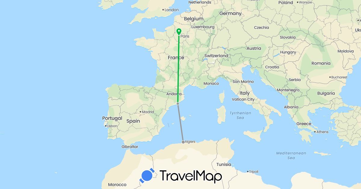 TravelMap itinerary: driving, bus, plane in Algeria, Spain, France (Africa, Europe)