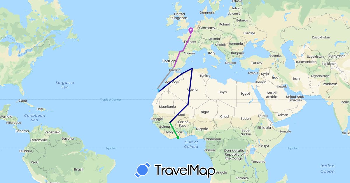 TravelMap itinerary: driving, bus, plane, train, boat in Côte d'Ivoire, Algeria, Spain, France, Morocco, Mali (Africa, Europe)