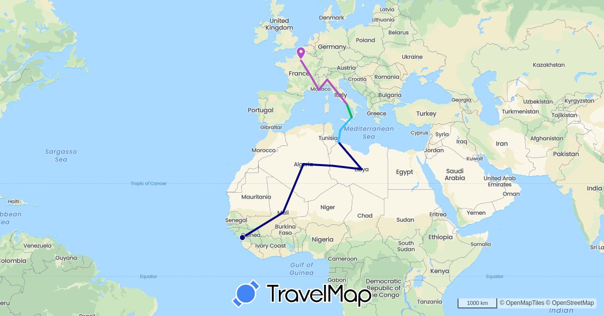 TravelMap itinerary: driving, bus, train, boat in Algeria, France, Guinea, Italy, Libya, Mali (Africa, Europe)