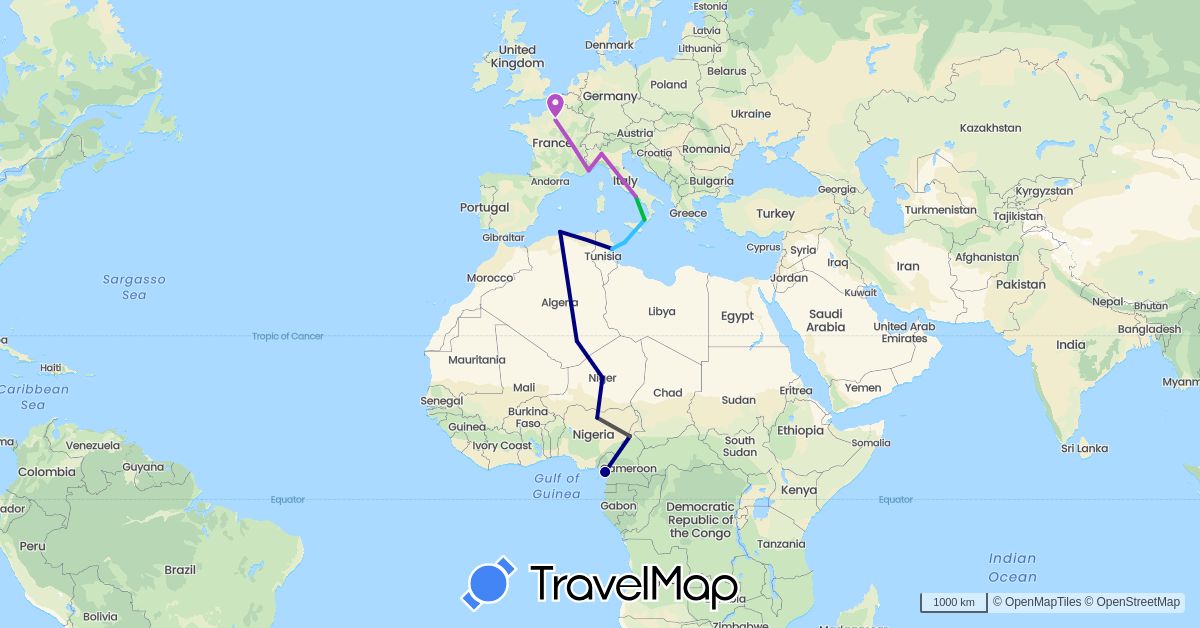TravelMap itinerary: driving, bus, train, boat, motorbike in Cameroon, Algeria, France, Italy, Niger, Nigeria, Tunisia (Africa, Europe)