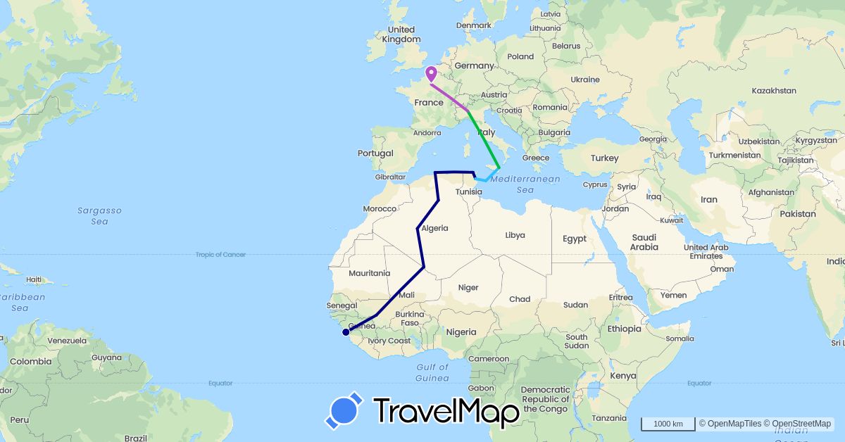 TravelMap itinerary: driving, bus, train, boat in Algeria, France, Guinea, Italy, Mali, Tunisia (Africa, Europe)