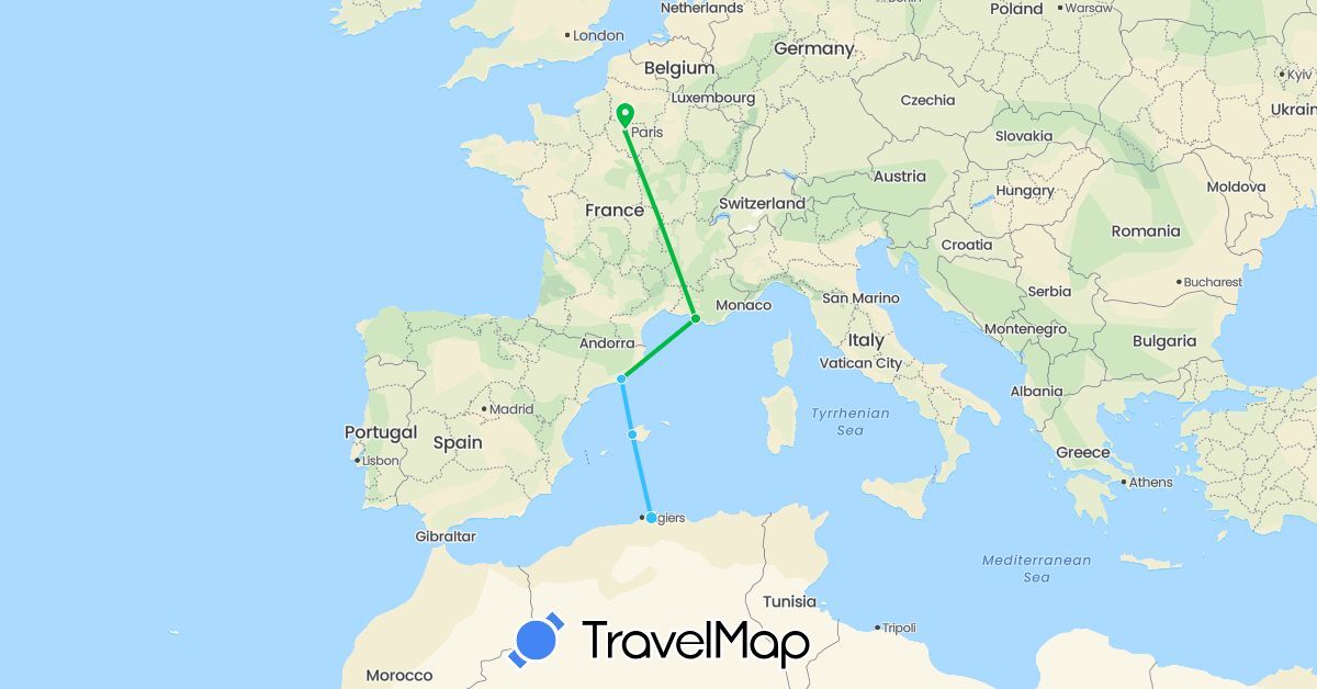 TravelMap itinerary: driving, bus, boat in Algeria, Spain, France (Africa, Europe)