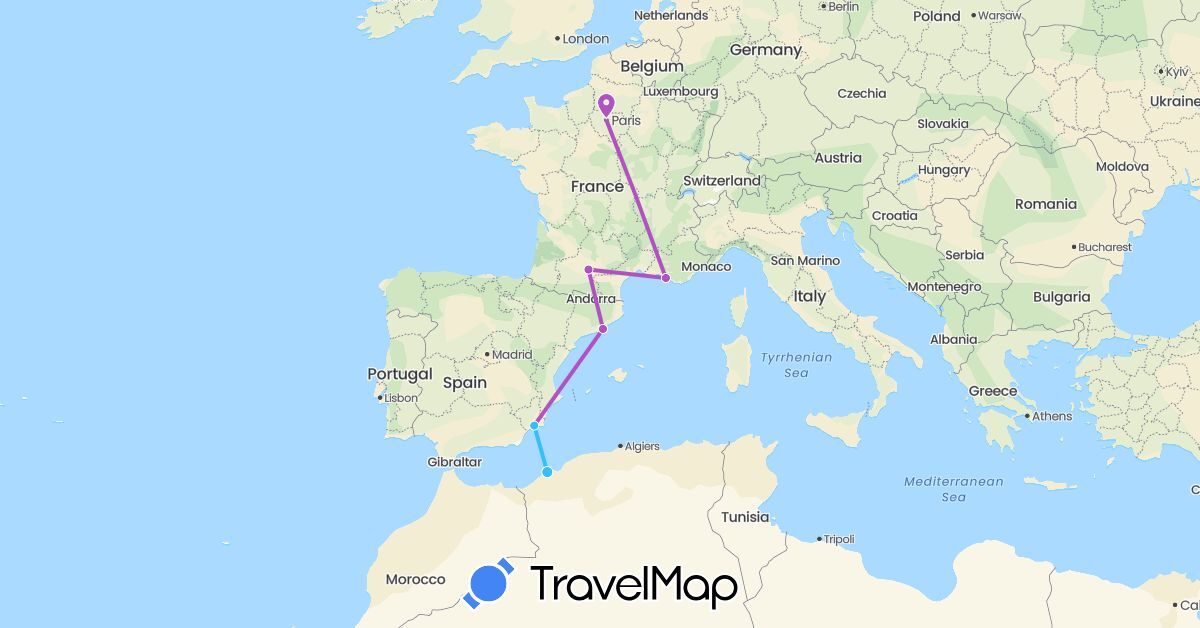 TravelMap itinerary: driving, train, boat in Algeria, Spain, France (Africa, Europe)