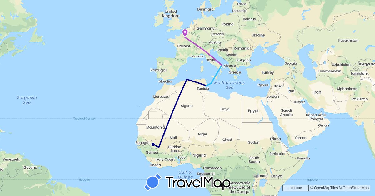TravelMap itinerary: driving, train, boat in Algeria, France, Italy, Mali, Tunisia (Africa, Europe)