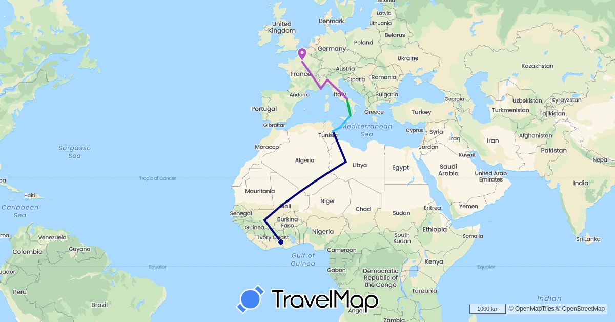 TravelMap itinerary: driving, bus, train, boat in Côte d'Ivoire, France, Italy, Libya, Monaco, Mali, Tunisia (Africa, Europe)