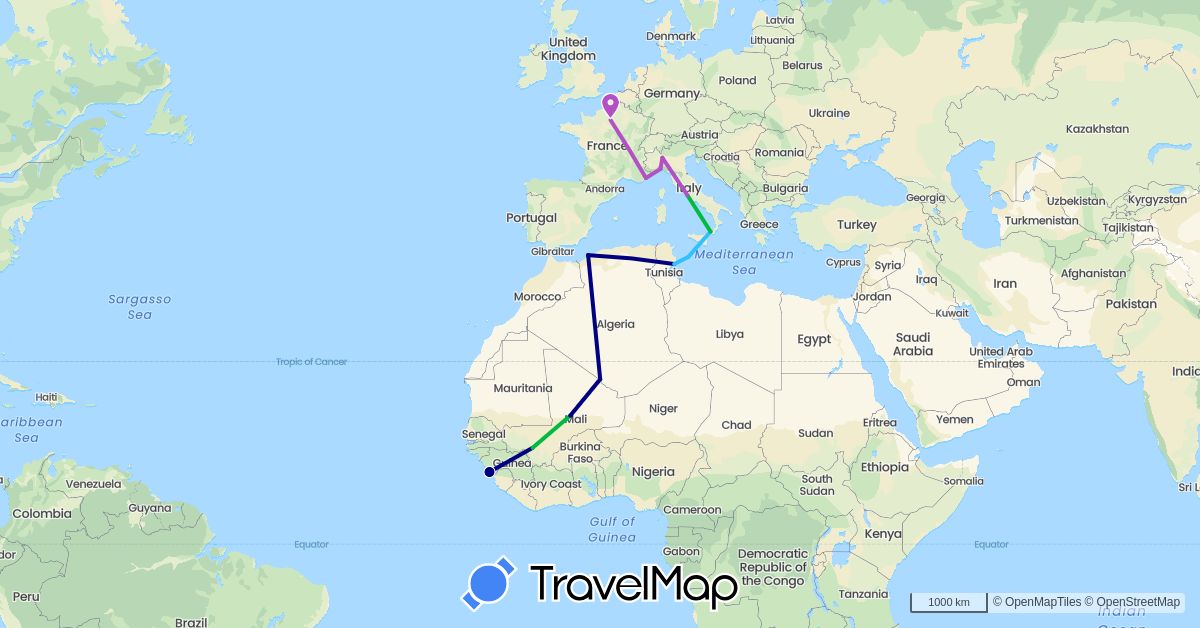 TravelMap itinerary: driving, bus, train, boat in Algeria, France, Guinea, Italy, Mali, Tunisia (Africa, Europe)