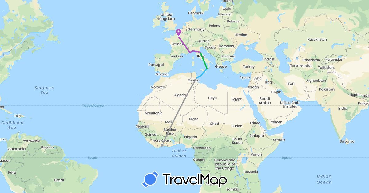 TravelMap itinerary: driving, bus, plane, train, boat in Côte d'Ivoire, France, Italy, San Marino, Tunisia (Africa, Europe)