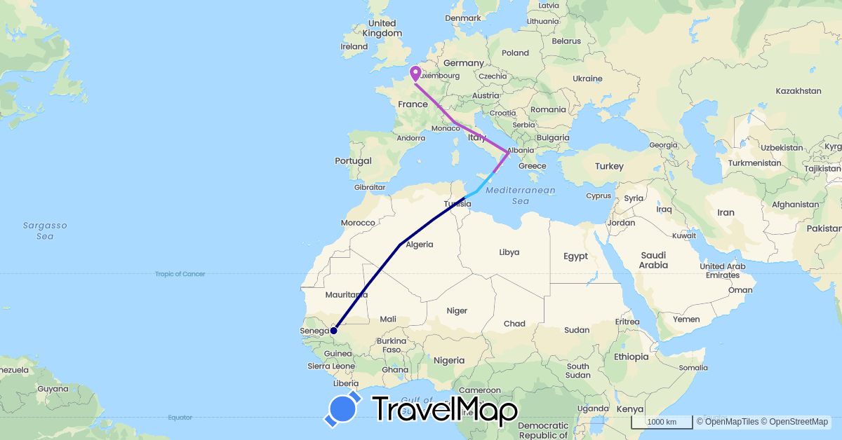 TravelMap itinerary: driving, train, boat in Algeria, France, Italy, Mali, Tunisia (Africa, Europe)