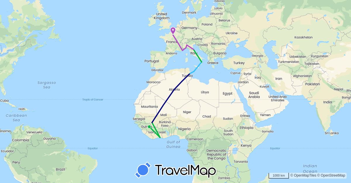 TravelMap itinerary: driving, bus, train, boat in Côte d'Ivoire, Algeria, France, Guinea, Italy, Mali, San Marino, Tunisia (Africa, Europe)