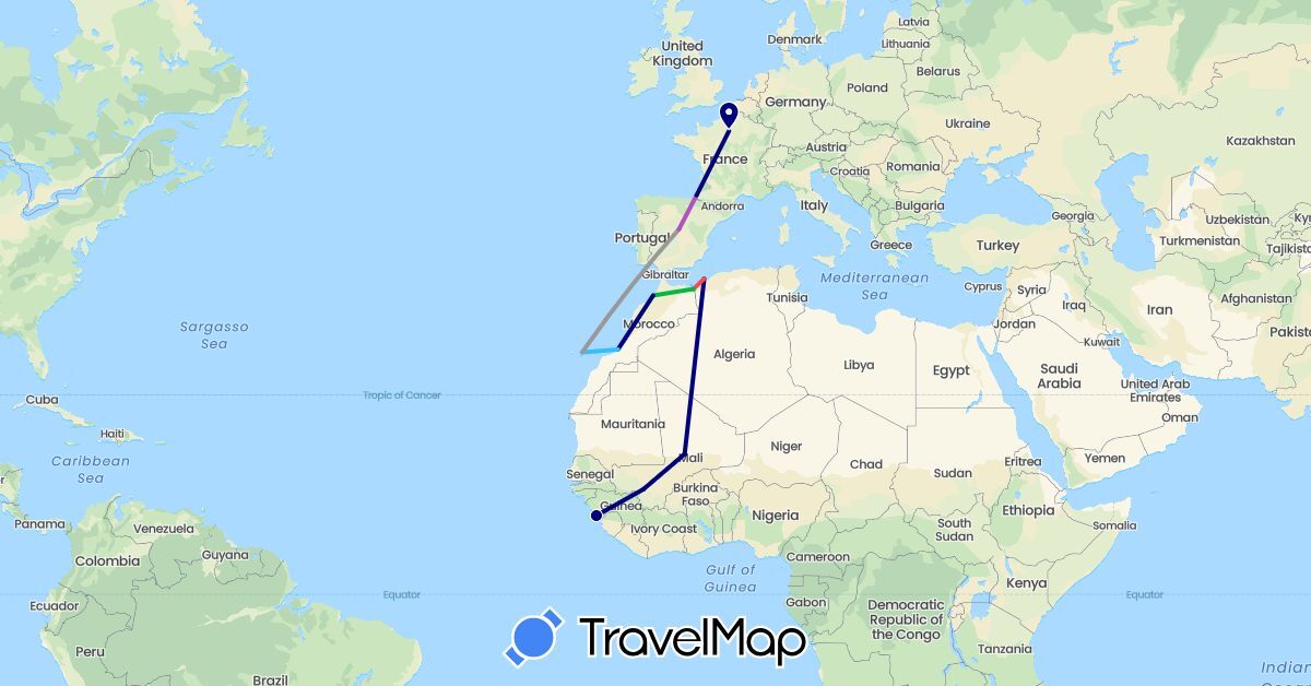 TravelMap itinerary: driving, bus, plane, train, hiking, boat in Algeria, Spain, France, Guinea, Morocco, Mali (Africa, Europe)