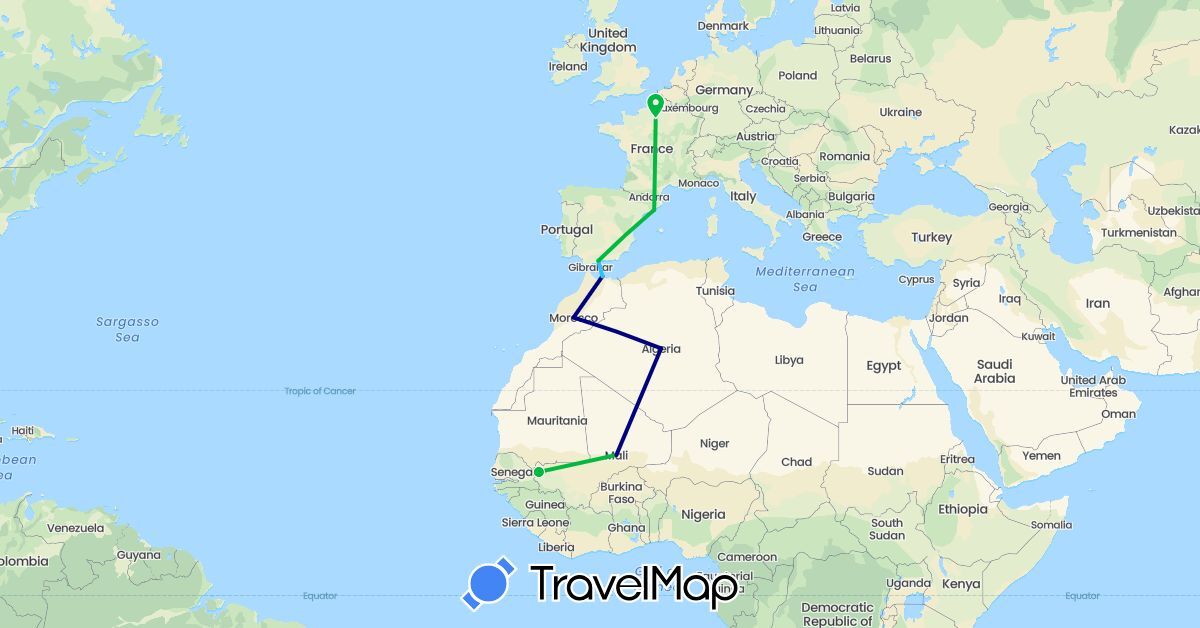TravelMap itinerary: driving, bus, boat in Algeria, Spain, France, Morocco, Mali (Africa, Europe)