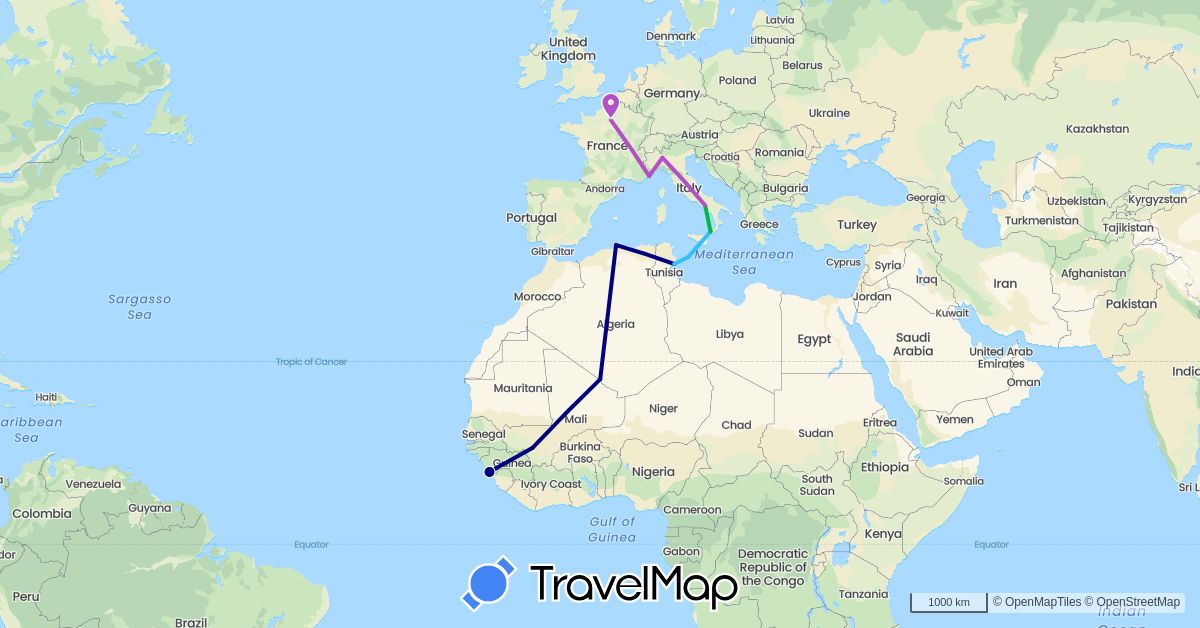 TravelMap itinerary: driving, bus, train, boat in Algeria, France, Guinea, Italy, Monaco, Mali, Tunisia (Africa, Europe)