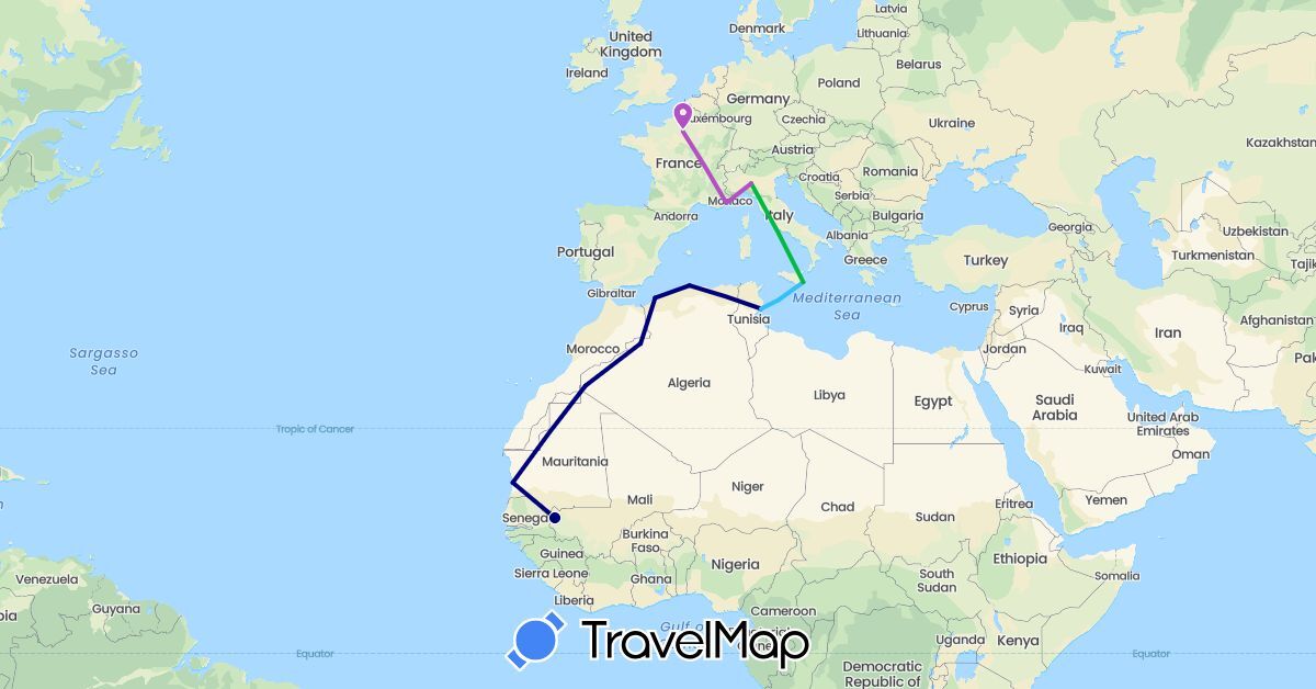 TravelMap itinerary: driving, bus, train, boat in Algeria, France, Italy, Mali, Mauritania, Tunisia (Africa, Europe)
