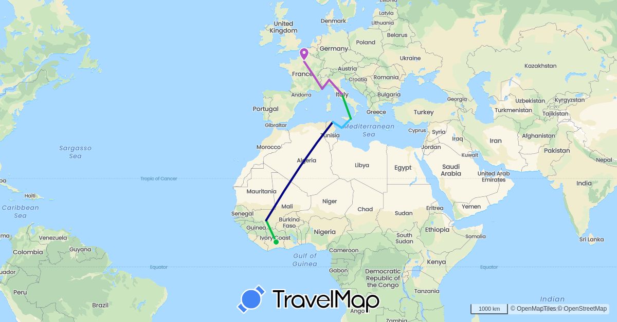 TravelMap itinerary: driving, bus, train, boat in Côte d'Ivoire, France, Italy, Mali, Tunisia (Africa, Europe)