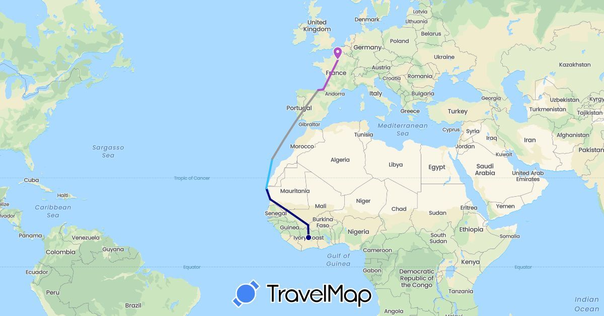 TravelMap itinerary: driving, plane, train, boat in Côte d'Ivoire, Spain, France, Mali, Mauritania (Africa, Europe)