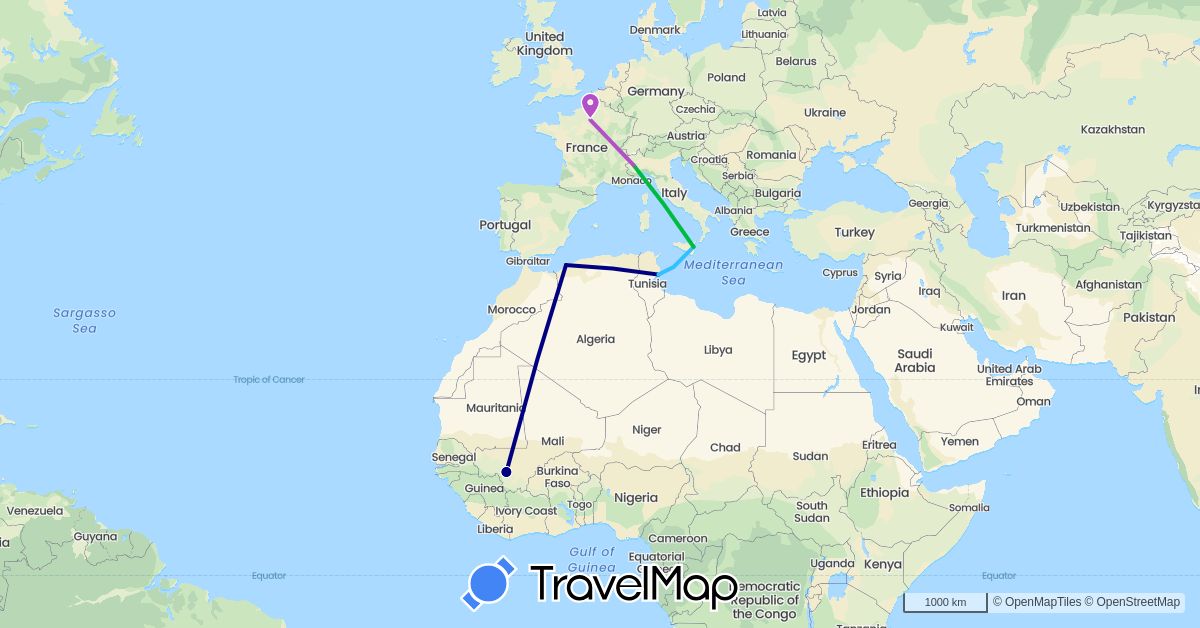 TravelMap itinerary: driving, bus, train, boat in Algeria, France, Italy, Mali, Tunisia (Africa, Europe)